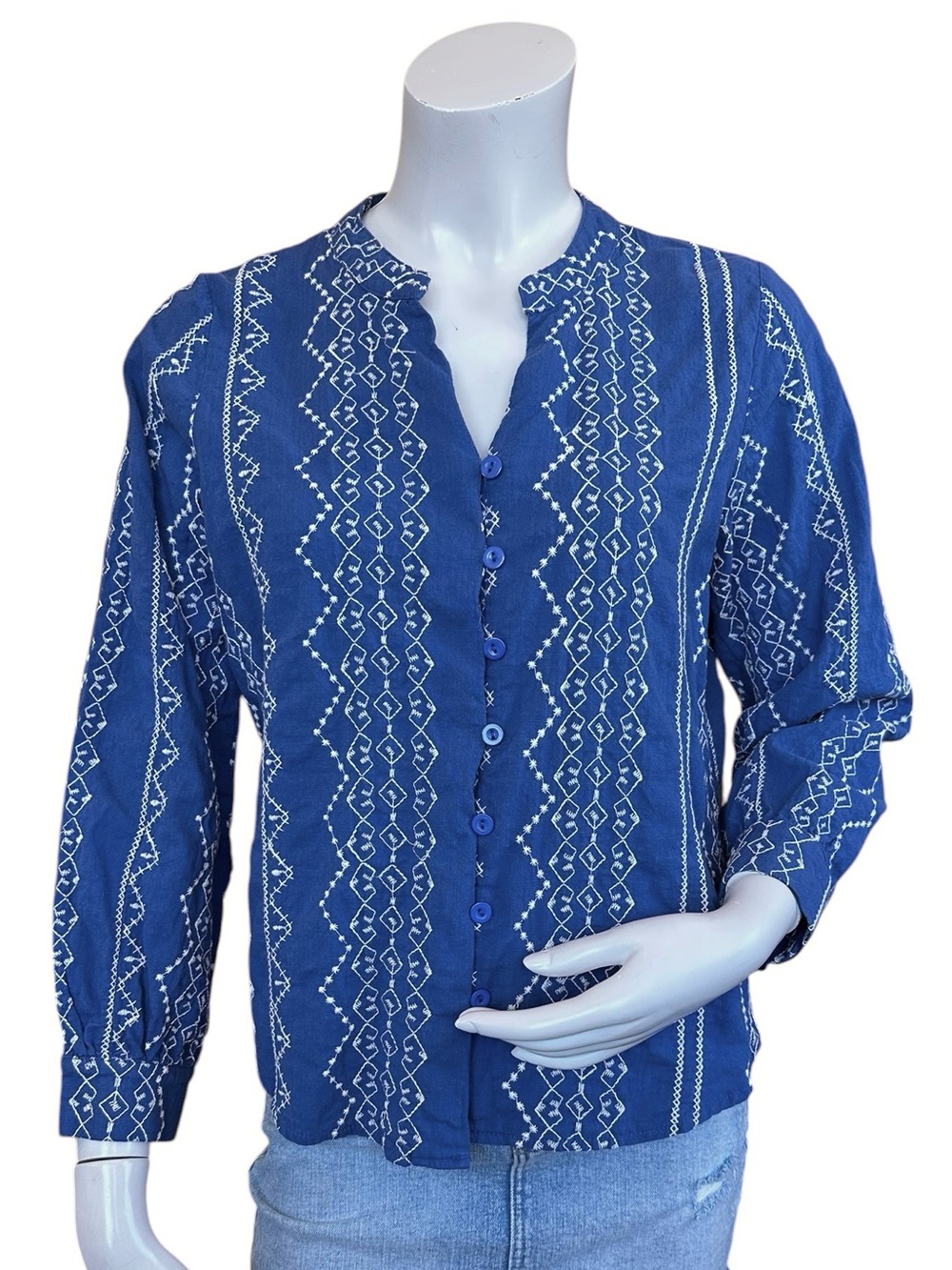 Anthropologie Kindred White & Blue Gauze Cotton Button Down Embroidered Blouse L